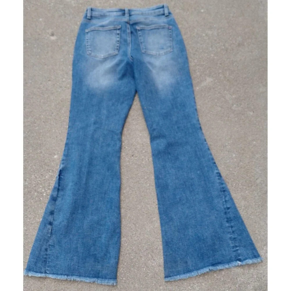 Edgely Flare Jeans Womens 10 Blue Denim High Rise Front Seam Raw Hem Comfort